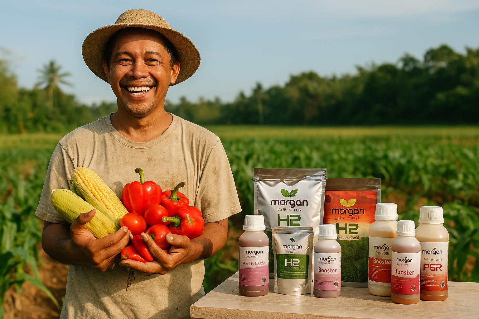 Petani tersenyum dengan hasil panen melimpah menggunakan produk Morgan